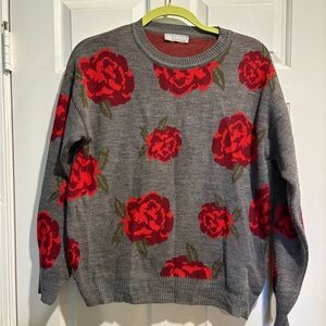 Milan kiss cotton blend roses sweater gray red sz M